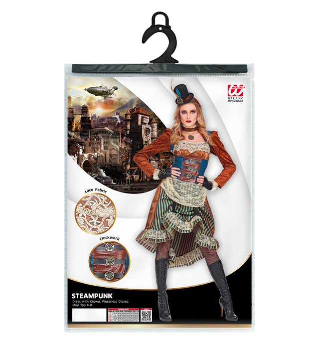 Steampunk-Kleid mit Halsband, fingerlosen Handschuhen und Minihut auf weissem Hintergrund