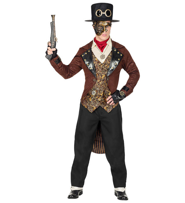 Steampunk Kostüm mit Frack, Weste, Hose, Ascot, fingerlosen Handschuhen und Zylinder