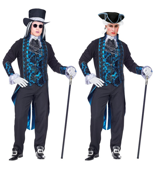 Viktorianisches Vampirkostüm mit Jackett, Weste, Hemd, Hose und Zylinder