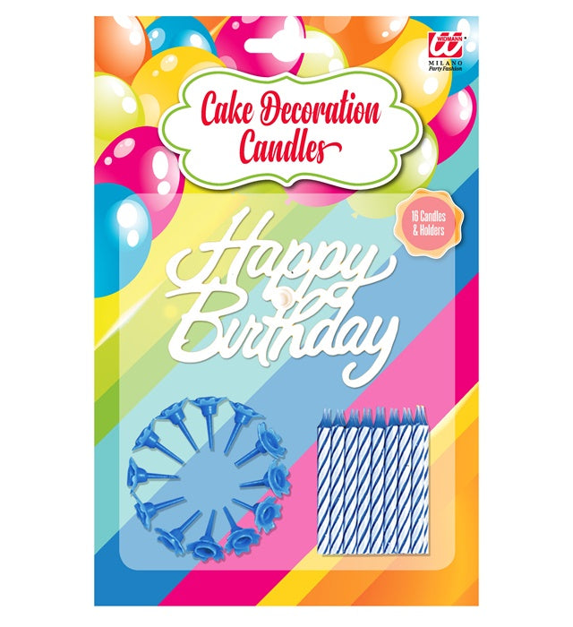 Set von 16 blauen Happy Birthday Kuchenkerzen mit Haltern auf Geburtstagskuchen
