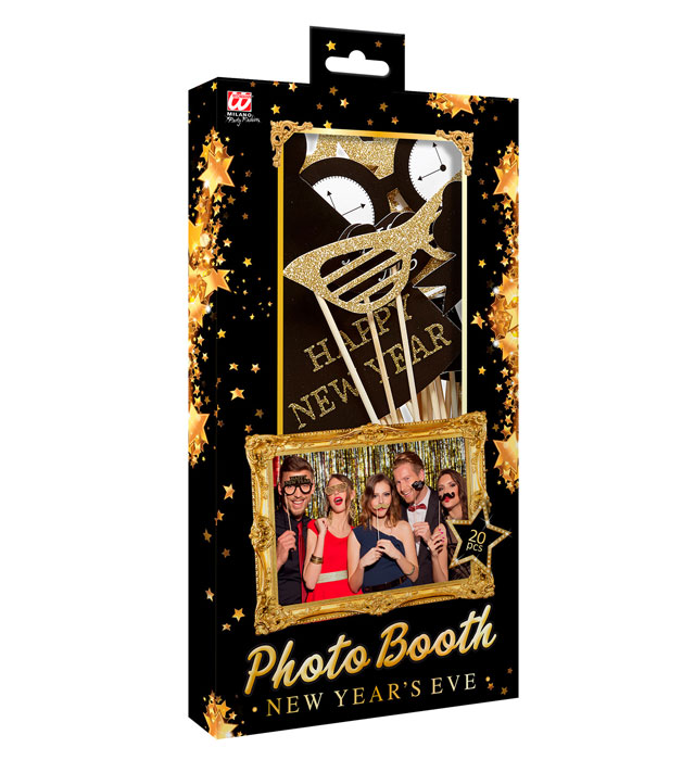 Silvester Fotobox Requisiten 20-teilig in Schachtel mit Sichtfenster
