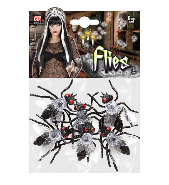 Set mit 6 realistischen schwarzen Fliegen 5,5 cm für Kostümzubehör