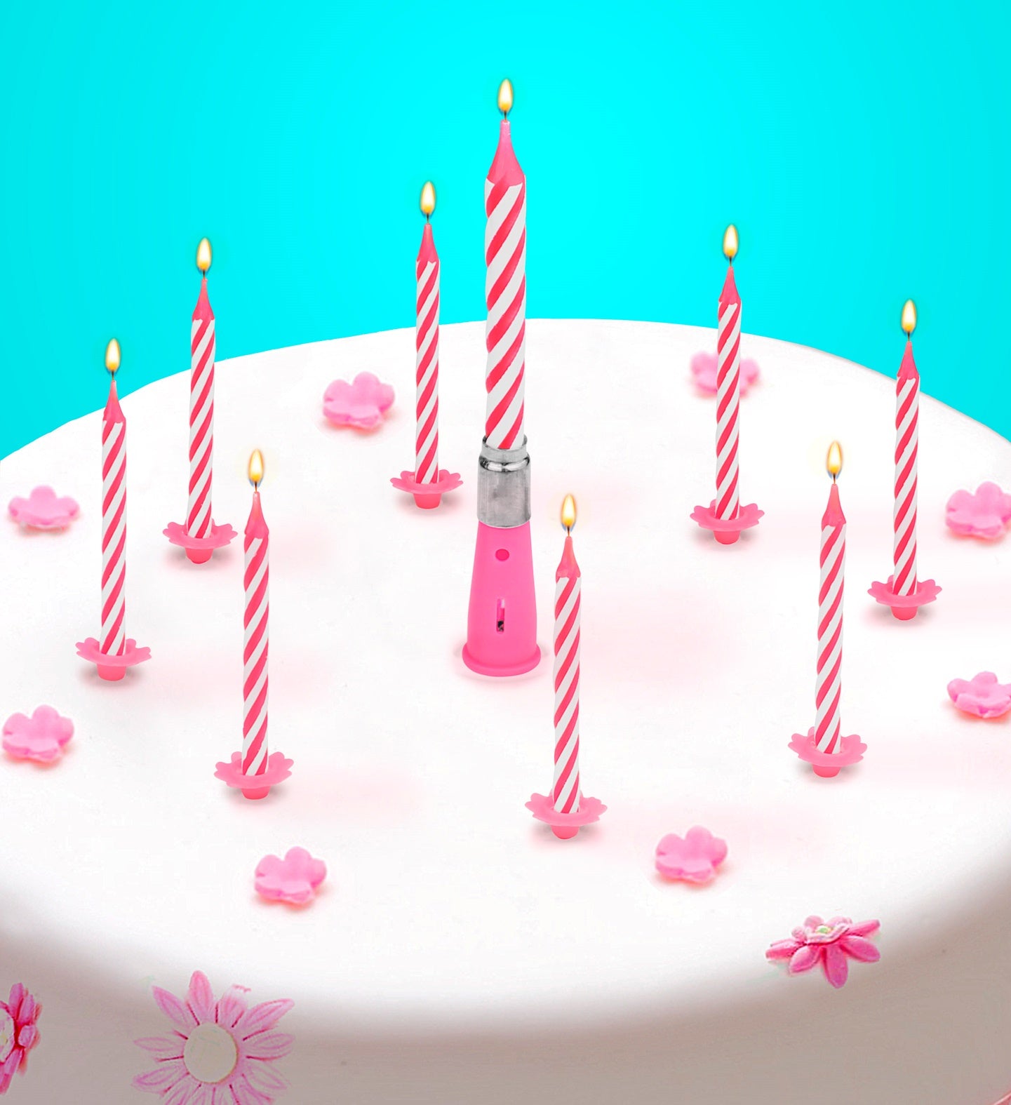 Set von 12 Kerzen mit Halter + 1 Musik Kerze pink Happy Birthday Tortendeko
