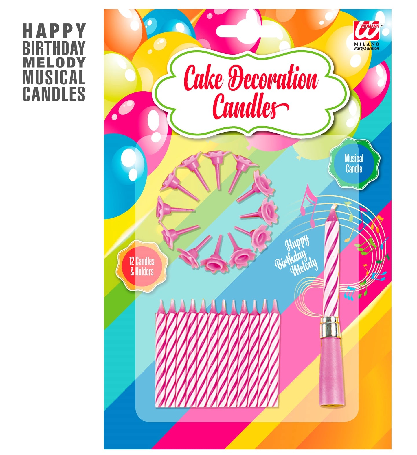 Set von 12 Kerzen mit Halter + 1 Musik Kerze pink Happy Birthday Tortendeko