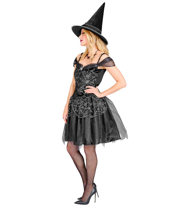 Schwarzes Hexen-Kostüm bestehend aus Kleid und spitzem Hut