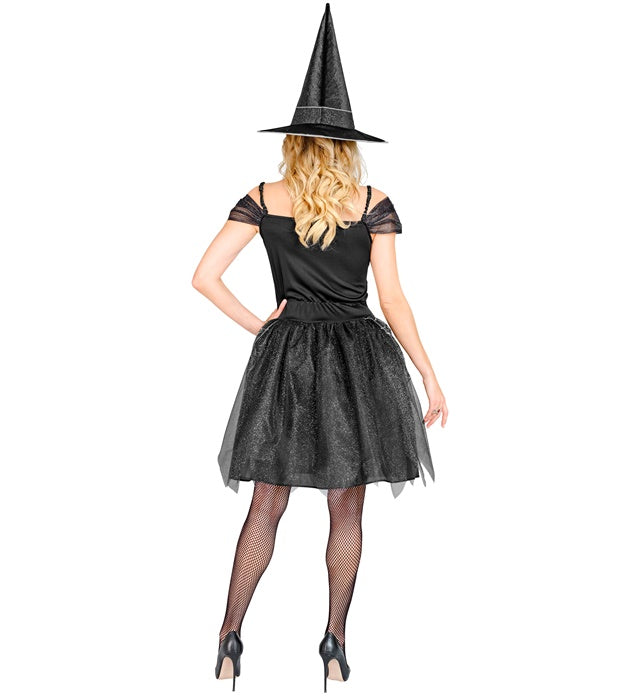 Schwarzes Hexen-Kostüm bestehend aus Kleid und spitzem Hut