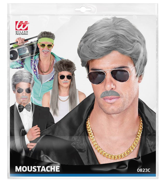 Sechs selbstklebende graue Schnurrbärte in verschiedenen Modellen für Fasnacht und Karneval
