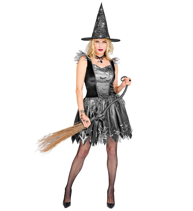 Hexen-Kostüm mit schwarzem Kleid und spitzem Hut für Fasnacht
