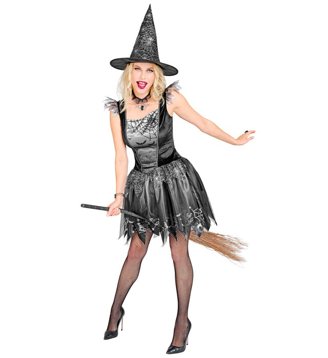 Hexen-Kostüm mit schwarzem Kleid und spitzem Hut für Fasnacht
