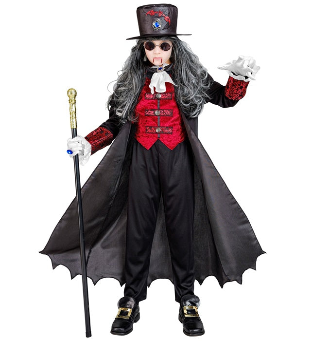 Vampir-Lord Kostüm mit langem Mantel, Weste, Jabot und Zylinder