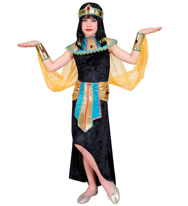 Ägyptische Königin Kostüm mit Kleid, Umhang, Kragen und Armbändern auf weißem Hintergrund