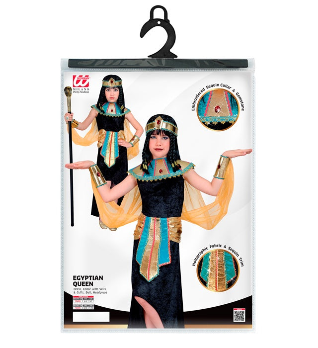 Ägyptische Königin Kostüm mit Kleid, Umhang, Kragen und Armbändern auf weißem Hintergrund