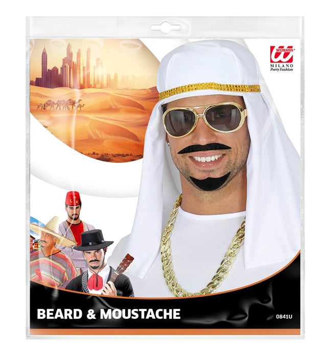 Schwarzer selbstklebender Bart und Schnurrbart im Araber-Stil auf weißem Hintergrund