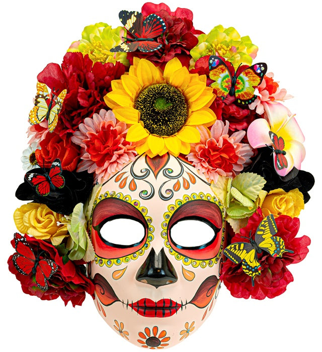 Bunte Dia de los Muertos Maske mit Sonnenblume und farbigen Blumen