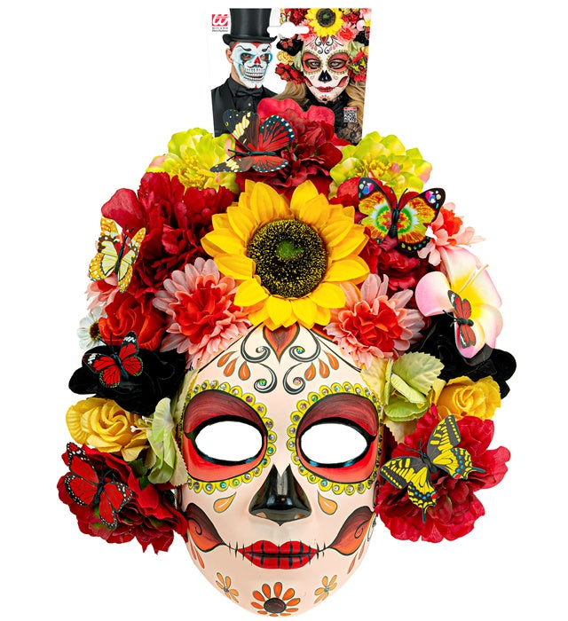 Bunte Dia de los Muertos Maske mit Sonnenblume und farbigen Blumen