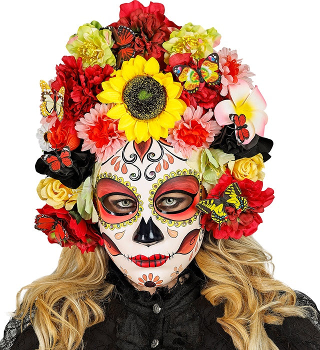 Bunte Dia de los Muertos Maske mit Sonnenblume und farbigen Blumen