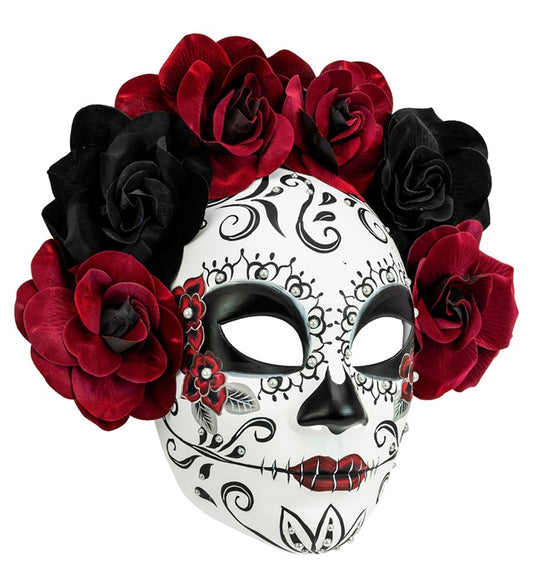 Día de los Muertos Maske mit schwarzen und dunkelroten Rosen auf weißem Hintergrund