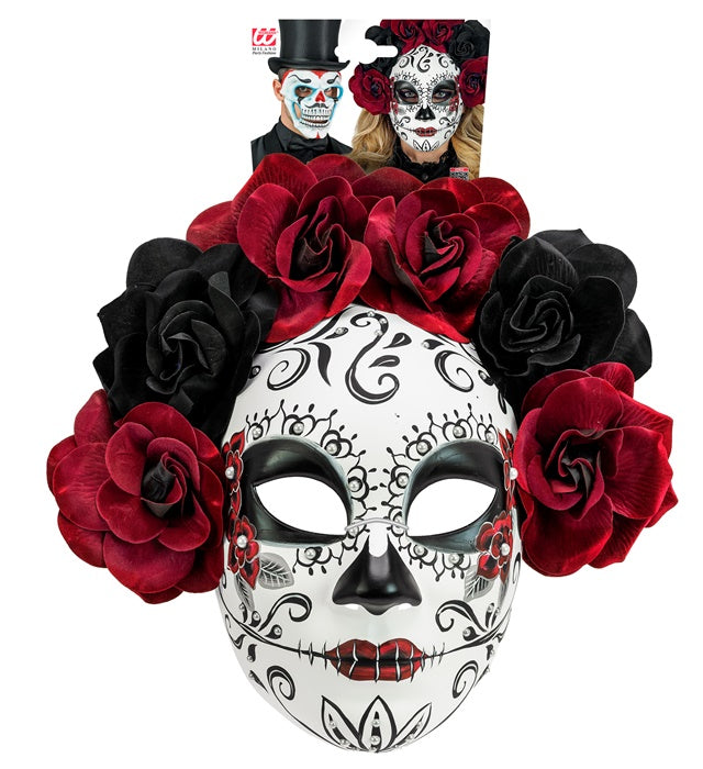 Día de los Muertos Maske mit schwarzen und dunkelroten Rosen auf weißem Hintergrund