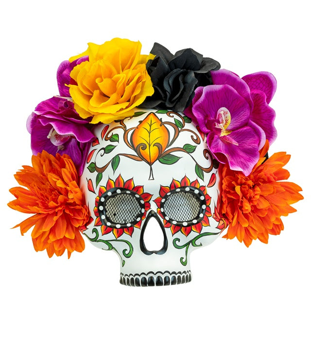 Totenkopfmaske mit bunten Blumen im Dia de los Muertos Stil