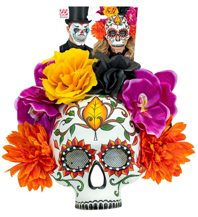 Totenkopfmaske mit bunten Blumen im Dia de los Muertos Stil