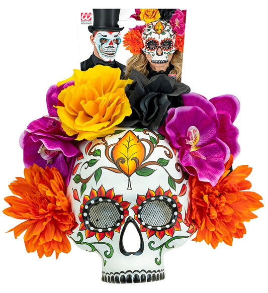 Totenkopfmaske mit bunten Blumen im Dia de los Muertos Stil