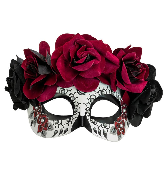 DIA DE LOS MUERTOS AUGENMASKE MIT SCHWARZEN & DUNKELROTEN ROSEN Diverse Farben