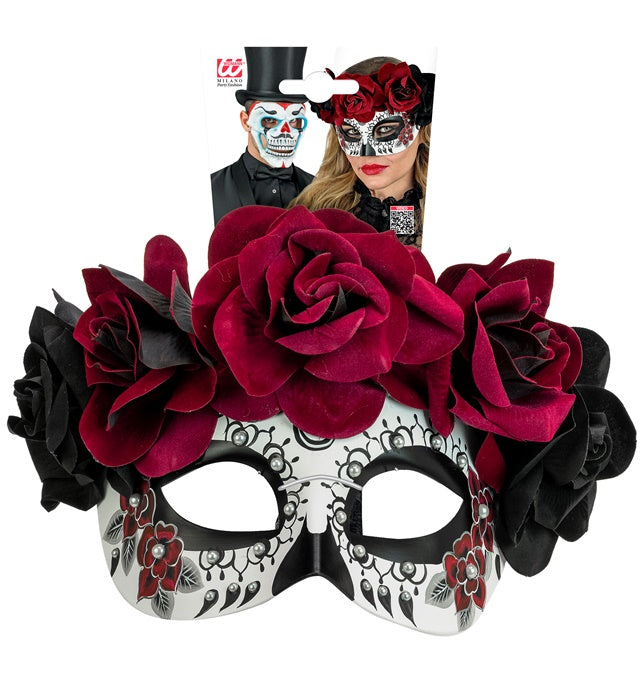 DIA DE LOS MUERTOS AUGENMASKE MIT SCHWARZEN & DUNKELROTEN ROSEN Diverse Farben