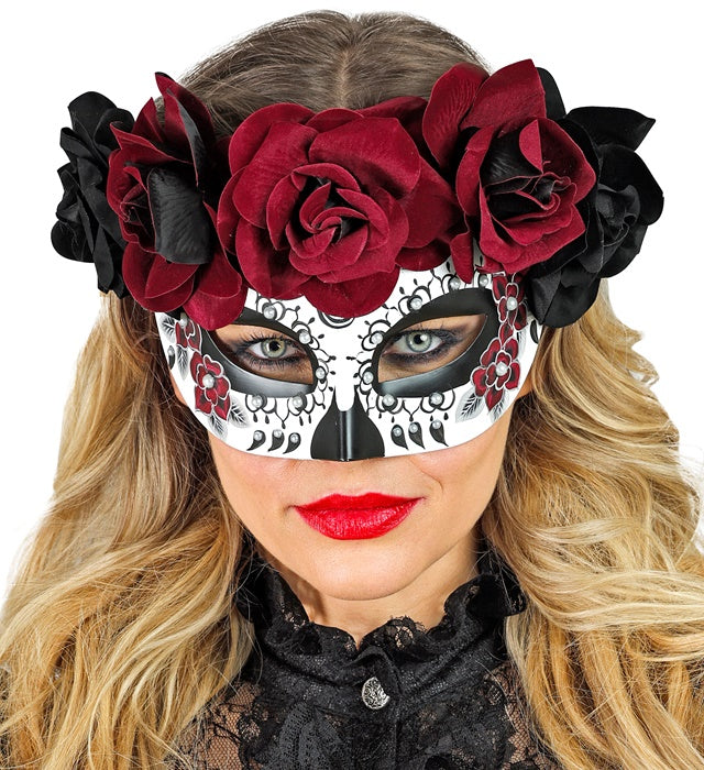 DIA DE LOS MUERTOS AUGENMASKE MIT SCHWARZEN & DUNKELROTEN ROSEN Diverse Farben