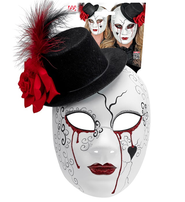 Commedia dell'Arte Maske blutige Frau mit Hut für Halloween und Fasnacht