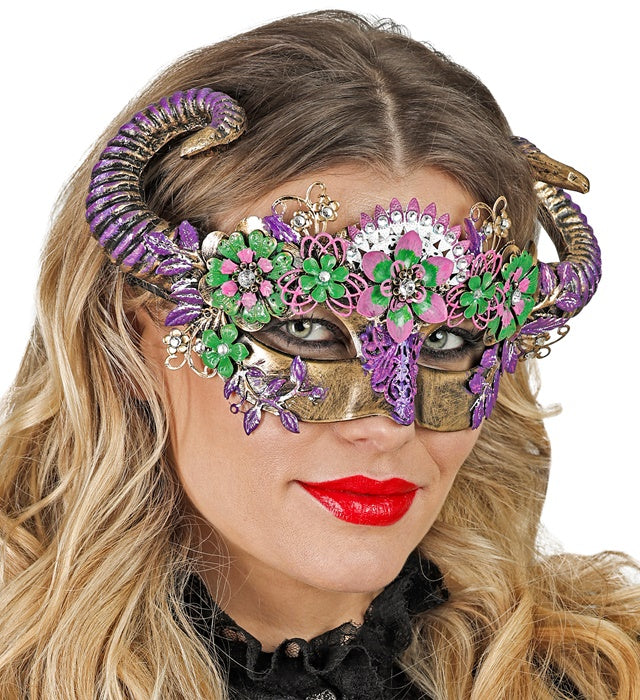Theater Augenmaske mit Widder-Motiv und Blumen in bunten Farben
