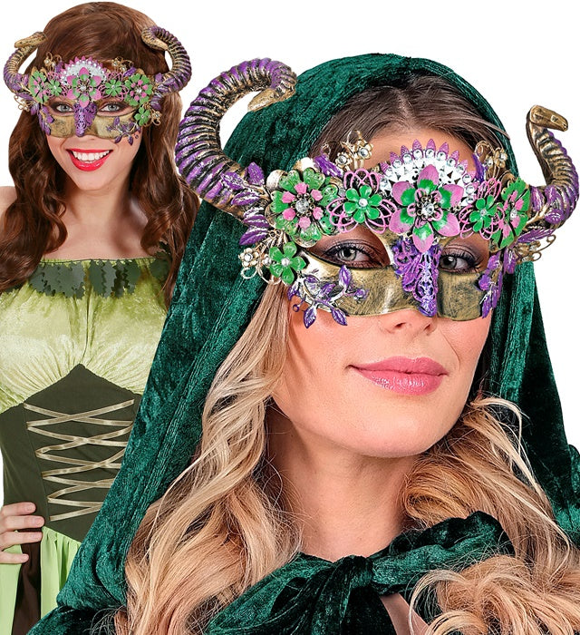 Theater Augenmaske mit Widder-Motiv und Blumen in bunten Farben