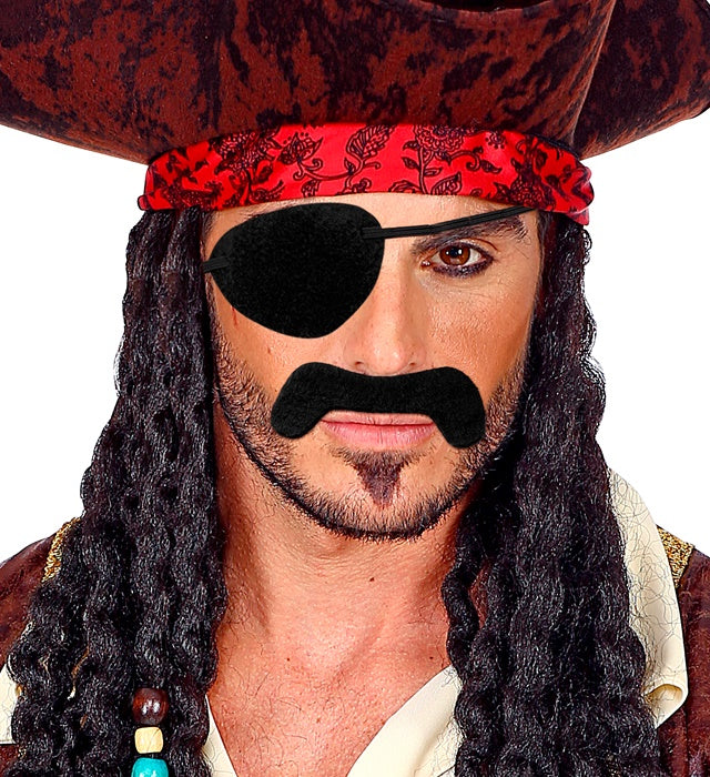 Schwarzer klebender Piratenschnurrbart und Augenklappe als Fasnachtskostümzubehör