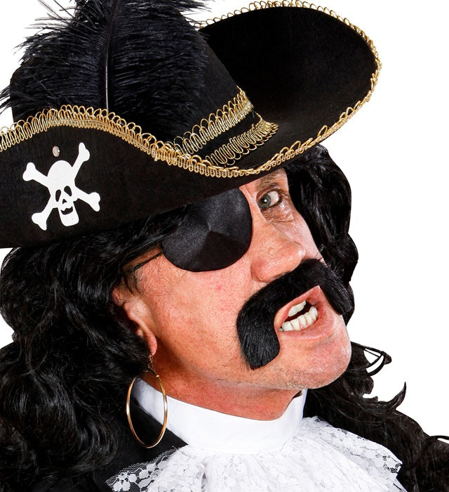 Schwarzer klebender Piratenschnurrbart und Augenklappe als Fasnachtskostümzubehör