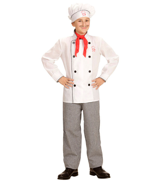 Chefkoch Kostüm mit weißem Oberteil, schwarzer Hose und Kochmütze