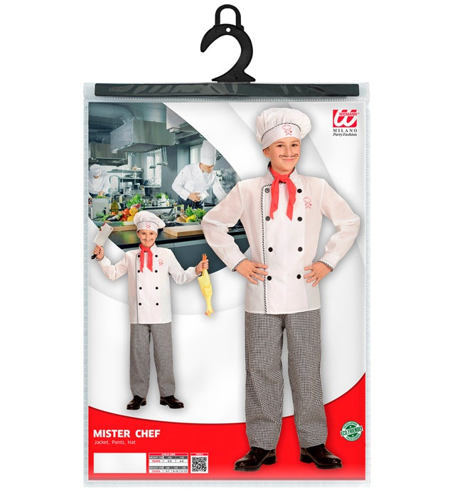 Chefkoch Kostüm mit weißem Oberteil, schwarzer Hose und Kochmütze