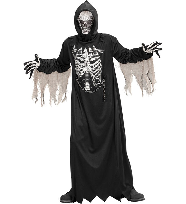 Sensenmann Kostüm mit schwarzer Robe, Kette und Kapuzenmaske auf schwarzem Hintergrund