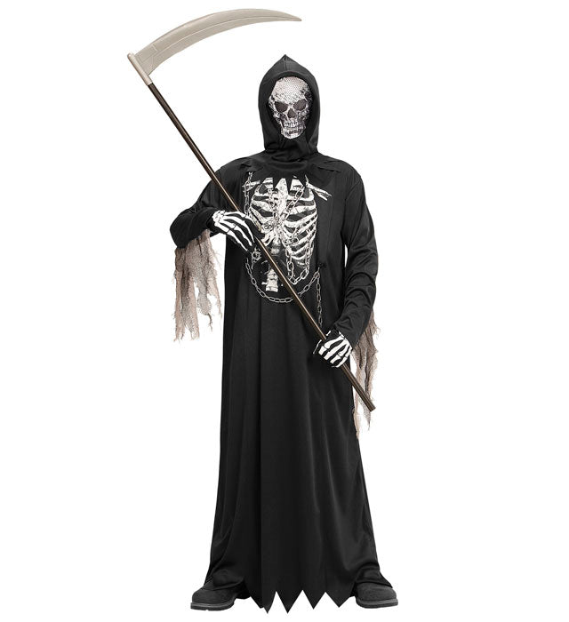 Sensenmann Kostüm mit schwarzer Robe, Kette und Kapuzenmaske auf schwarzem Hintergrund