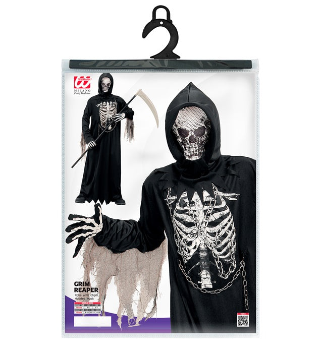 Sensenmann Kostüm mit schwarzer Robe, Kette und Kapuzenmaske auf schwarzem Hintergrund