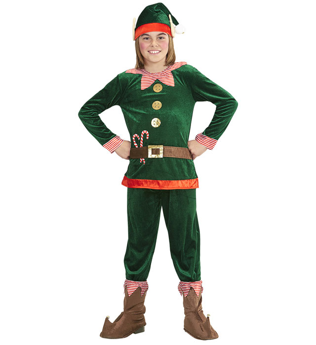 Elf-Kostüm mit grüner Mütze und Ohren, rotem Oberteil, grüner Hose und Schuhüberziehern