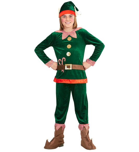 Elf-Kostüm mit grüner Mütze und Ohren, rotem Oberteil, grüner Hose und Schuhüberziehern