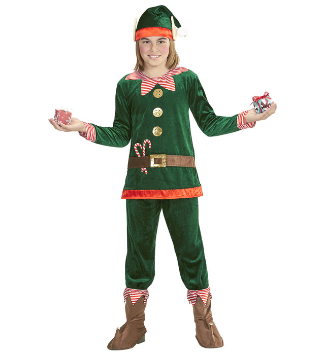 Elf-Kostüm mit grüner Mütze und Ohren, rotem Oberteil, grüner Hose und Schuhüberziehern