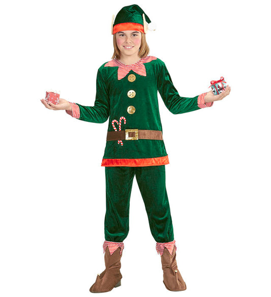 Elf-Kostüm mit grüner Mütze und Ohren, rotem Oberteil, grüner Hose und Schuhüberziehern