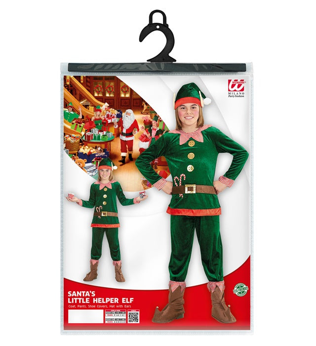 Elf-Kostüm mit grüner Mütze und Ohren, rotem Oberteil, grüner Hose und Schuhüberziehern