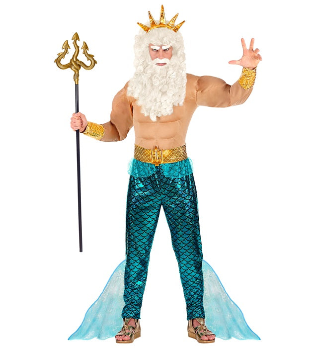 Poseidon Kostüm mit Muskelshirt, Hose, Gürtel, Armbändern und Krone