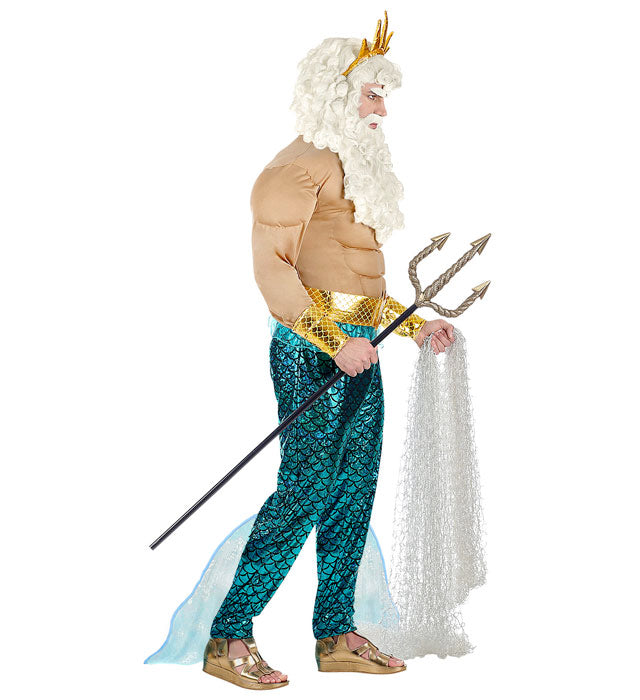 Poseidon Kostüm mit Muskelshirt, Hose, Gürtel, Armbändern und Krone