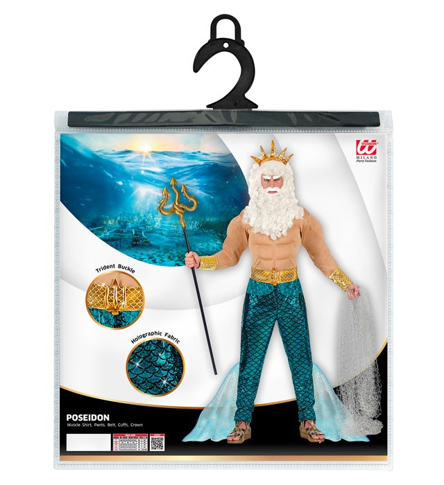 Poseidon Kostüm mit Muskelshirt, Hose, Gürtel, Armbändern und Krone
