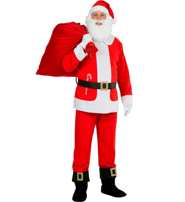 Weihnachtsmann Kostüm mit wattiertem Bauch, roter Hose und Mütze mit Bart