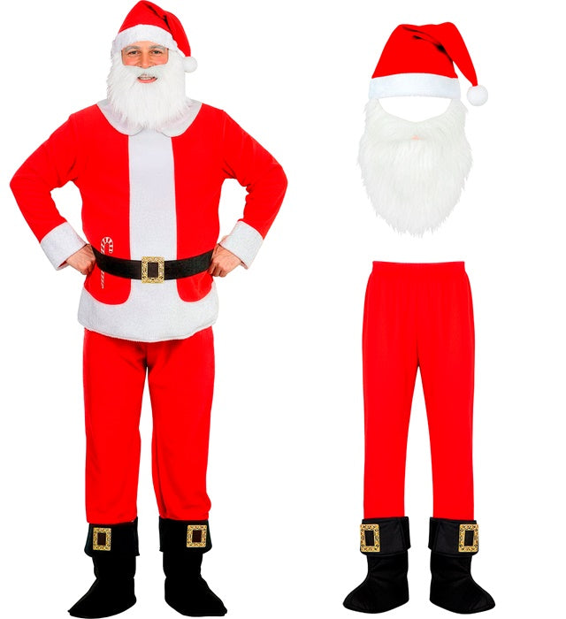 Weihnachtsmann Kostüm mit wattiertem Bauch, roter Hose und Mütze mit Bart