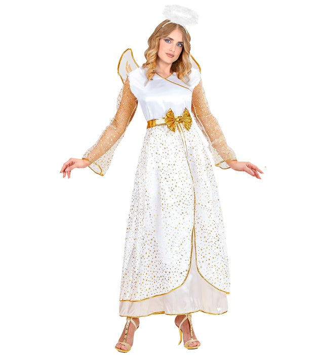 Engel Kostüm bestehend aus Kleid, Flügeln und Heiligenschein auf neutralem Hintergrund