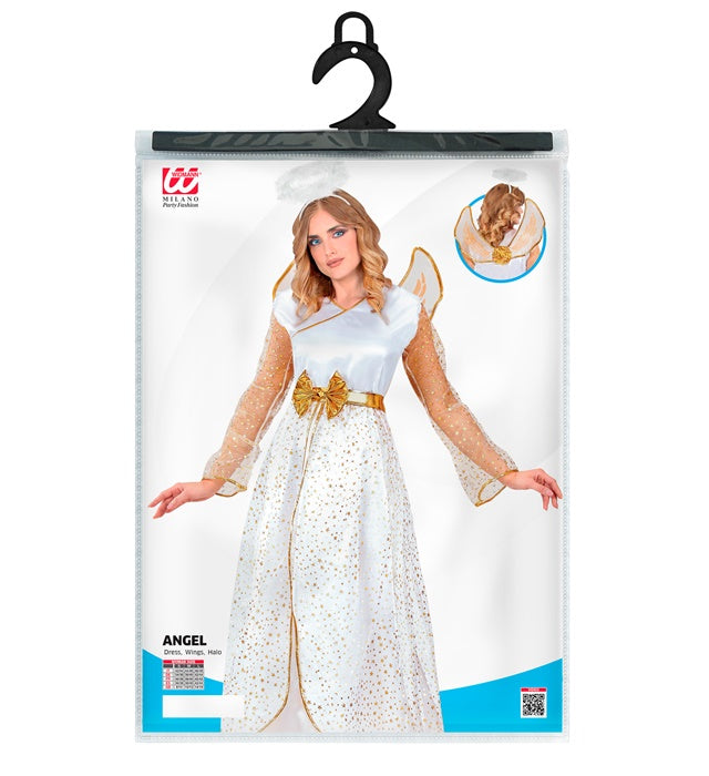Engel Kostüm bestehend aus Kleid, Flügeln und Heiligenschein auf neutralem Hintergrund